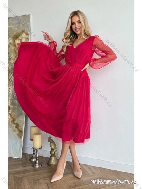 Šaty elegantní dlouhý rukáv dámské (34-46) POLSKÁ MÓDA PMLBC24269-07 červená 40