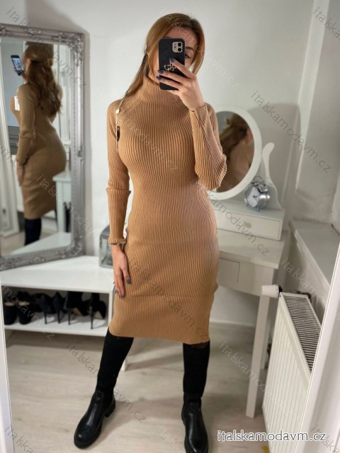 Šaty úpletové s rolákem dlouhý rukáv dámské (S/M ONE SIZE) FRANCOUZSKÁ MÓDA FMWT22J51765/DUR tm. béžová S/M