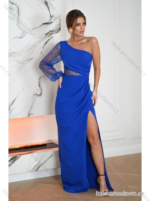 Šaty spoločenské flitrové dlhý rukáv dámske (34-40) POLSKÁ MÓDA PMLBC24296-05 modrá 38