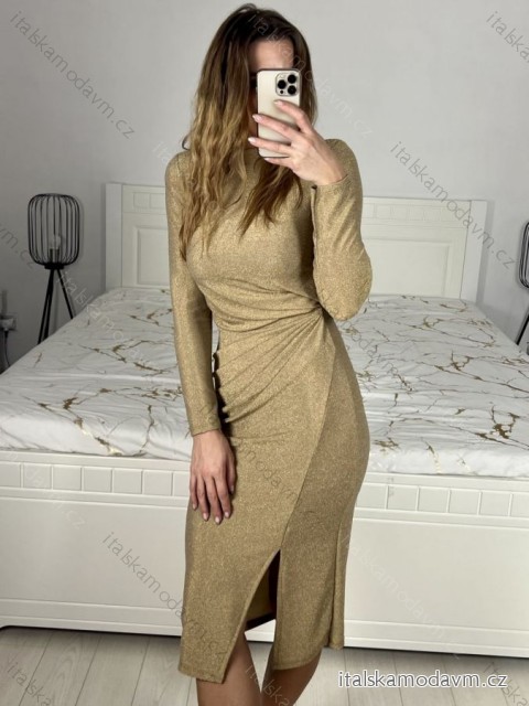 Šaty elegantní třpytivé dlouhý rukáv dámské (S/M ONE SIZE) ITALSKá MóDA IMM22hg4993/DU zlatá