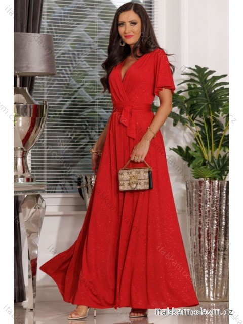 Šaty dlhé spoločenské brokátové třpytivé krátky rukáv dámske (S - 2XL) POLSKÁ MÓDA PMLEL24BELLA6 -   červená -   XL