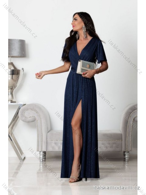 Šaty dlouhé společenské brokátové třpytivé krátký rukáv dámské (S - 2XL) POLSKÁ MÓDA PMLEL24BELLA7 -   tmavě modrá -   S