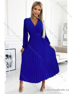504-1 VIVIANA Skladané midi šaty s výstrihom, dlhými rukávmi a širokým opaskom - modrá NMC-504-1/DU