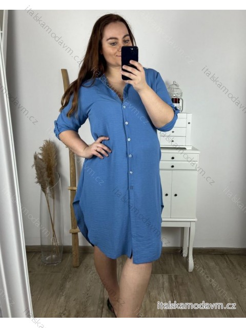 Šaty košeľové 3/4 dlhý rukáv dámske nadrozmer (XL/2XL ONE SIZE) TALIANSKA MÓDA IM424075/DR XL/2XL stredne modrá