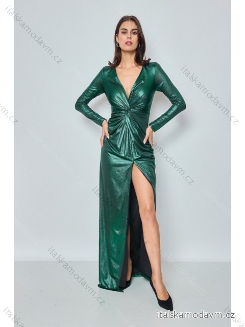 Šaty spoločenské dlhý rukáv dámske (S-L) FRANCÚZSKA MÓDA FMPEL23HM2405-1 tmavo zelená S