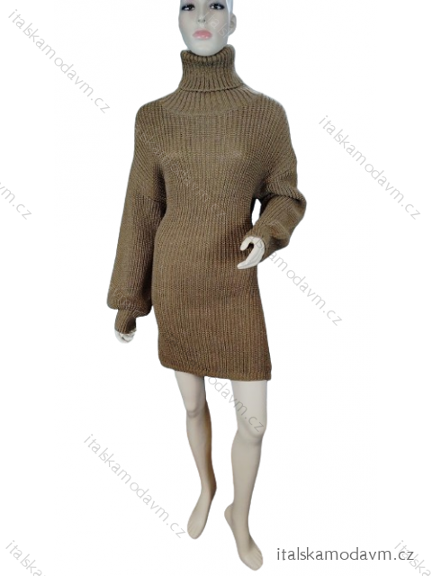 Šaty pletené teplé s rolákem dlouhý rukáv dámské (S/M ONE SIZE) ITALSKÁ MODA IMM201196/DR -   hnědá -   S/M