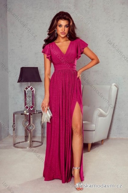 Šaty dlhé spoločenské trblietavé krátky rukáv dámske (34-52) POLSKÁ MÓDA PMLMC24SELENA5 -   tmavo ružová
 -   50