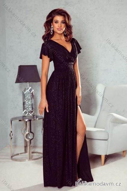 Šaty dlhé spoločenské trblietavé krátky rukáv dámske (34-52) POLSKÁ MÓDA PMLMC24SELENA6 -   čierna
 -   46