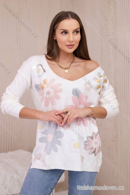 Svetrová halenka s barevnými květy, růžová + šedá