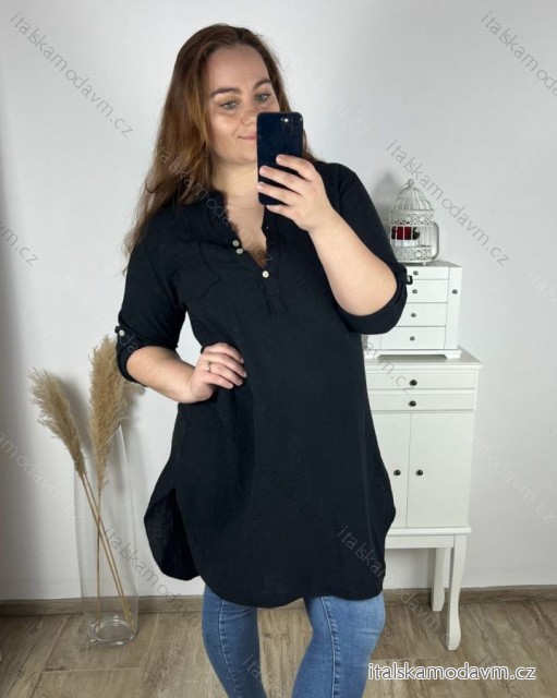 Tunika prodloužená košilová dlhý rukáv mušelín dámske nadrozmer (XL/2XL ONE SIZE) TALIANSKA MÓDA IMC24008/DR XL/2XL čierna