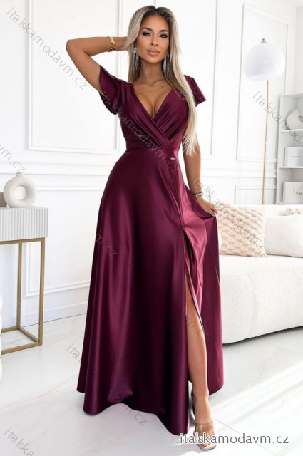 411-10 CRYSTAL saténové dlhé šaty s výstrihom - Bordová farba