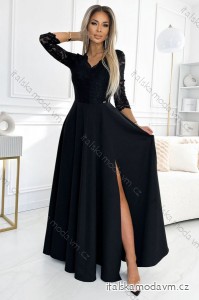 309-11 AMBER čipkované, elegantné dlhé šaty s výstrihom a rozparkom na nohách - čierne