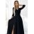 309-11 AMBER čipkované, elegantné dlhé šaty s výstrihom a rozparkom na nohách - čierne