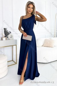 528-1 Dlhé lesklé šaty na jedno rameno s mašľou - námornícka modrá