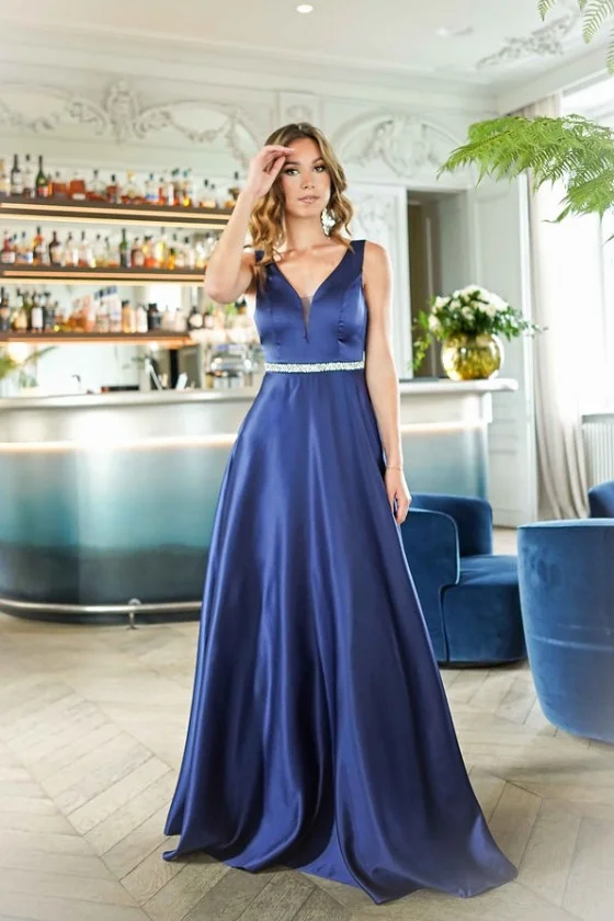 Šaty dlhé elegantné spoločenské na široké ramienka dámske nadrozmer (42-48) FRANCÚZSKA MÓDA FMPEL24BRIGITTAQS-3 modrá 42