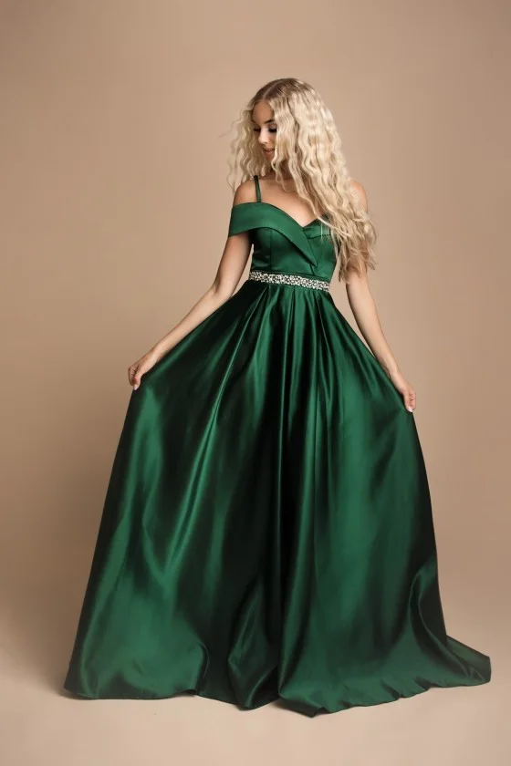 Šaty dlhé elegantné spoločenské carmen dámske (SL) FRANCÚZSKA MÓDA FMPEL24PATRICIA-1 tmavo zelená S