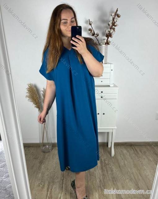 Šaty oversize maxi dlouhé krátký rukáv dámské bavlněné (3XL/4XL/5XL ONE SIZE) Italská Móda IM324VIKTORIE/DR 4XL / 5XL modrá petrolejová