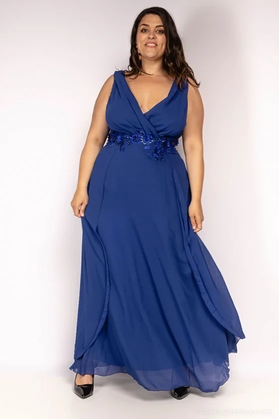 Šaty dlhé elegantné spoločenské na ramienka dámske nadrozmer (42-48) FRANCÚZSKA MÓDA FMPEL24AURYANEQS-2 modrá 48