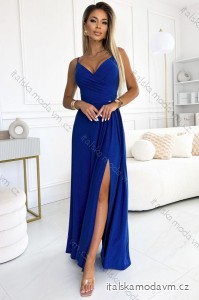 299-17 CHIARA elegantné maxi šaty na ramienka - modré s trblietkami