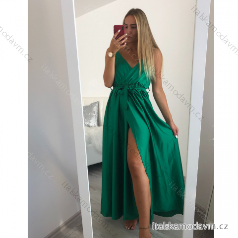 Šaty dlouhé letní saténové s páskem na ramínka dámské  (S/M ONE SIZE) ITALSKÁ MÓDA IMM22INFINITE zelená