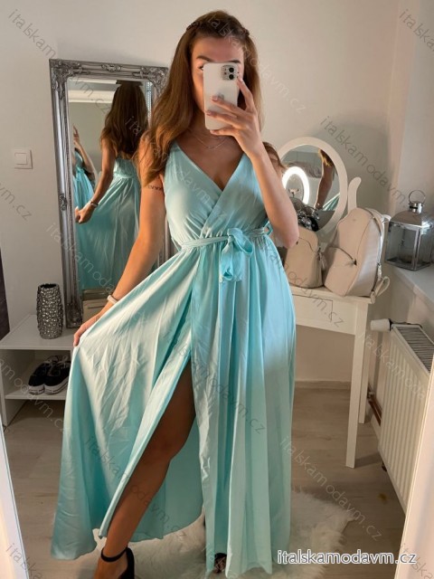 Šaty dlouhé letní saténové s páskem na ramínka dámské  (S/M ONE SIZE) ITALSKÁ MÓDA IMM22INFINITE/DUR mintová světlá