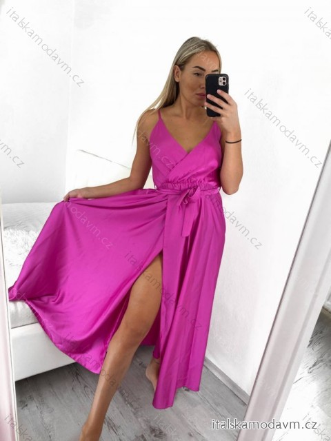 Šaty dlhé letné saténové s opaskom na ramienka dámske (S/M ONE SIZE) TALIANSKA MÓDA IMM22INFINITE/DR tmavě růžová