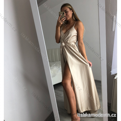 Šaty dlhé letné saténové s opaskom na ramienka dámske (S/M ONE SIZE) TALIANSKA MÓDA IMM22INFINITE smetanová