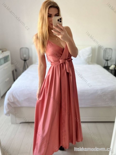 Šaty dlhé letné saténové s opaskom na ramienka dámske (S/M ONE SIZE) TALIANSKA MÓDA IMM22INFINITE -   růžová jahodová -   S / M