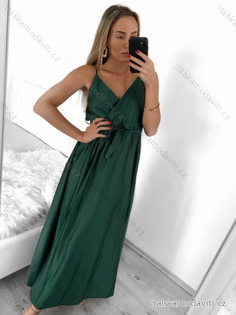 Šaty dlhé letné saténové s opaskom na ramienka dámske (S/M ONE SIZE) TALIANSKA MÓDA IMM22INFINITE smaragdová zelená