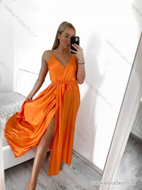 Šaty dlouhé letní saténové s páskem na ramínka dámské  (S/M ONE SIZE) ITALSKÁ MÓDA IMM22INFINITE oranžová S/M
