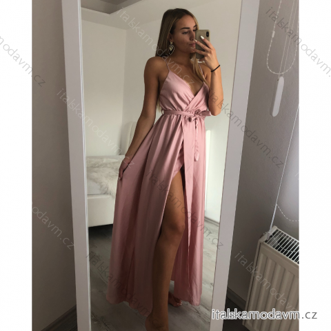 Šaty dlhé letné saténové s opaskom na ramienka dámske (S/M ONE SIZE) TALIANSKA MÓDA IMM22INFINITE/DUR staroružová