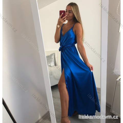 Šaty dlouhé letní saténové s páskem na ramínka dámské  (S/M ONE SIZE) ITALSKÁ MÓDA IMM22INFINITE královská modrá