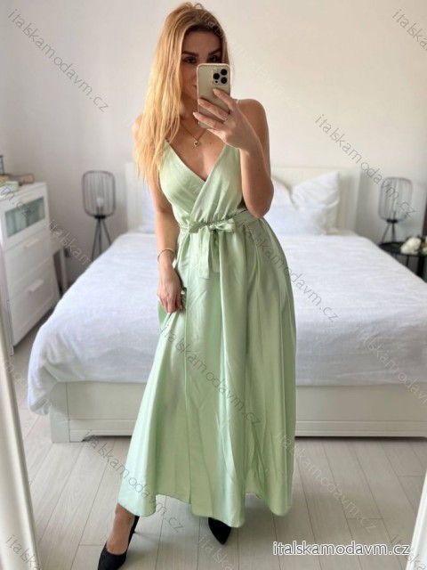Šaty dlouhé letní saténové s páskem na ramínka dámské  (S/M ONE SIZE) ITALSKÁ MÓDA IMM22INFINITE -   zelená lipová -   S/M
