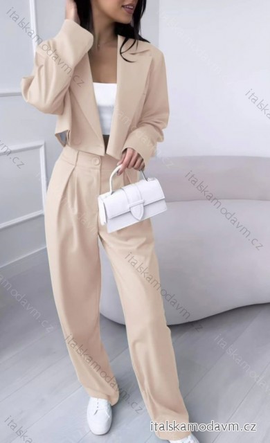 Souprava/komplet elegantní kalhoty dlouhé a sako dlouhý rukáv dámská (S/M ONE SIZE) ITALSKÁ MÓDA IMD23204/DU béžová