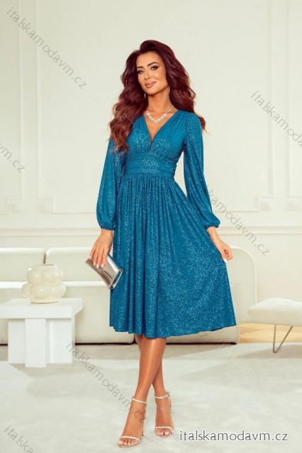 Šaty společenské třpytivé s flitry dlouhý rukáv dámské nadrozměr (34-46) POLSKÁ MÓDA PMLWD24KLARA1 tyrkysová 38