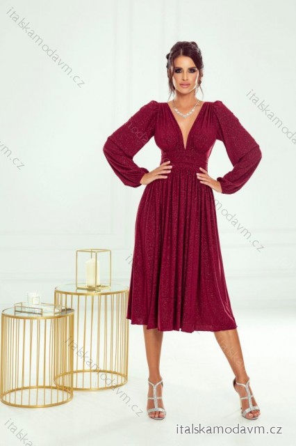 Šaty spoločenské trblietavé s flitrami dlhý rukáv dámske nadrozmer (34-46) POLSKÁ MÓDA PMLWD24KLARA3 vínová 38
