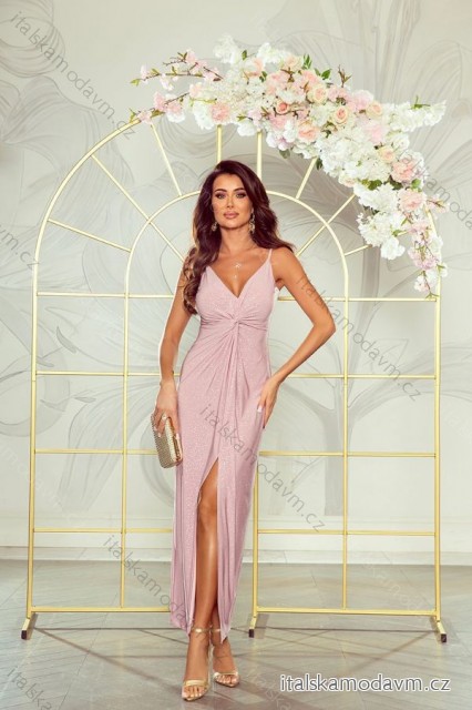 Šaty dlouhé elegantní třpytivé na ramínka dámské (34-40) POLSKÁ MÓDA PMLWD24GLORIA růžová 34