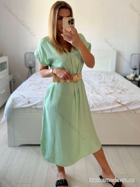 Šaty dlouhé letní s páskem krátký rukáv dámské (S/M ONE SIZE) ITALSKá MóDA IM324200/DU -   svetlozelená -   S / M