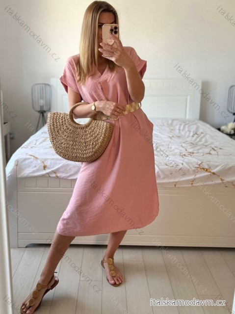 Šaty dlouhé letní s páskem krátký rukáv dámské (S/M ONE SIZE) ITALSKá MóDA IM324200/DU -   růžová starorůžová -   S / M