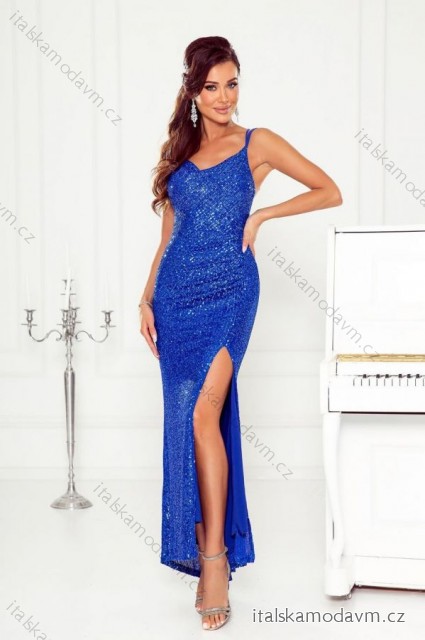 Šaty dlouhé společenské třpytivé s flitry na ramínka dámské (34-38) POLSKÁ MÓDA PMLWD24LUIZA8 modrá královská 36