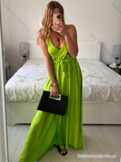 Šaty dlouhé letní saténové s páskem na ramínka dámské  (S/M ONE SIZE) ITALSKÁ MÓDA IMM22INFINITE/DUR -   zelená limetková -   S/M