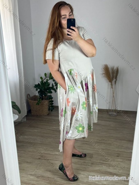 Šaty dlouhé letní krátký rukáv dámské nadrozměr (56/58 ONE SIZE) ITALSKÁ MÓDA IMWT24033/DUR -   béžová -   56/58