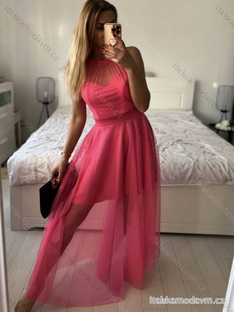 Šaty tilové elegantní bez rukávů dámské (S/M ONE SIZE) ITALSKÁ MÓDA IMM22Q52235A/UL růžová neon