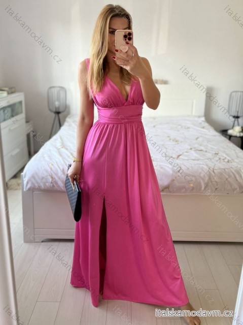 Šaty dlouhé společenské na ramínka dámské (S/M ONE SIZE) ITALSKÁ MÓDA IMPSH245192/DU tm. růžová S/M