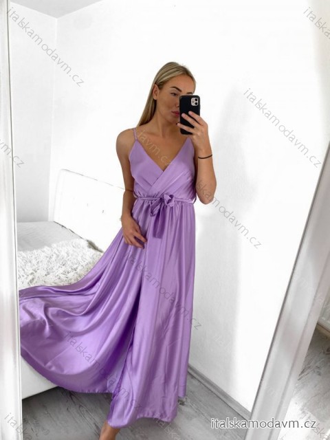 Šaty dlouhé letní saténové s páskem na ramínka dámské  (S/M ONE SIZE) ITALSKÁ MÓDA IMM22INFINITE svetlo fialová