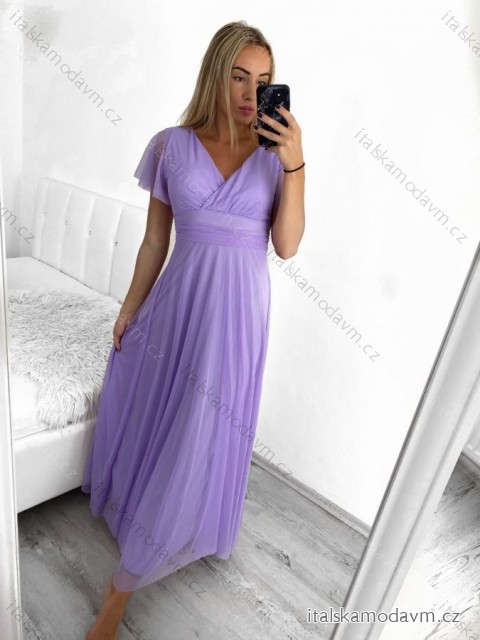 Šaty spoločenské elegantný krátky rukáv dámske (S/M ONE SIZE) TALIANSKA MÓDA IMPSH223589L/DUR - fialová - S/M