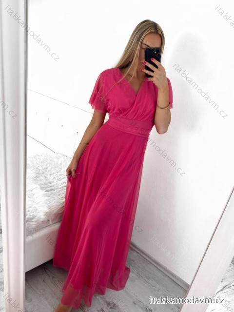 Šaty spoločenské elegantný krátky rukáv dámske (S/M ONE SIZE) TALIANSKA MÓDA IMPSH223589L/DUR - tmavo ružová - S/M
