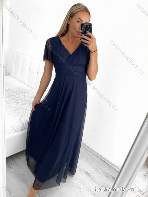 Šaty společenské elegantní krátký rukáv dámské (S/M ONE SIZE) ITALSKÁ MÓDA IMPSH223589L/DUR -   tmavě modrá -   S/M