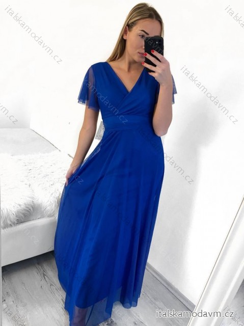 Šaty spoločenské elegantný krátky rukáv dámske (S/M ONE SIZE) TALIANSKA MÓDA IMPSH223589L/DUR - modrá kráľovská - S/M