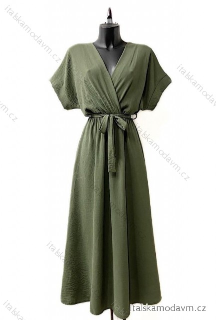 Šaty dlouhé elegantní krátký rukáv dámské (S/M ONE SIZE) ITALSKÁ MÓDA IMPES24LOMMY zelená khaki